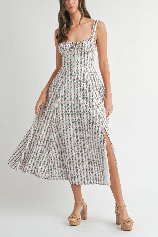Floral Print Bustier Back Lace Up Midi Dress