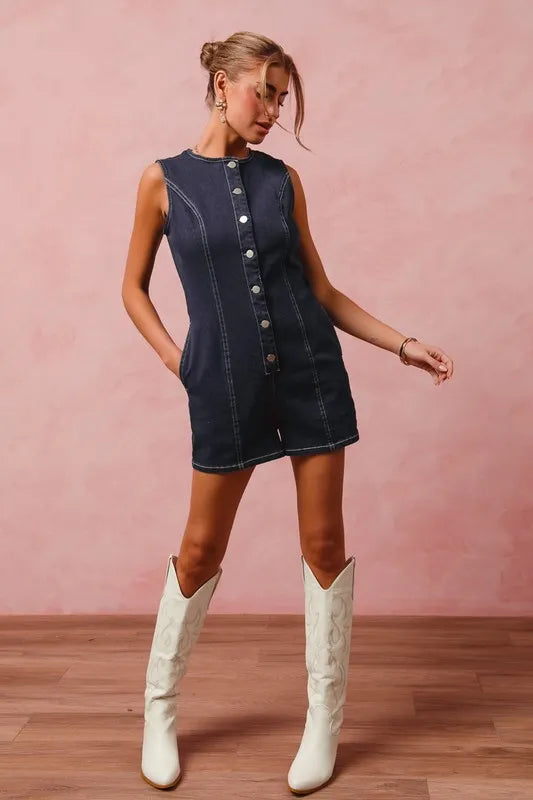 Button Up Front Washed Denim Sleeveless Romper
