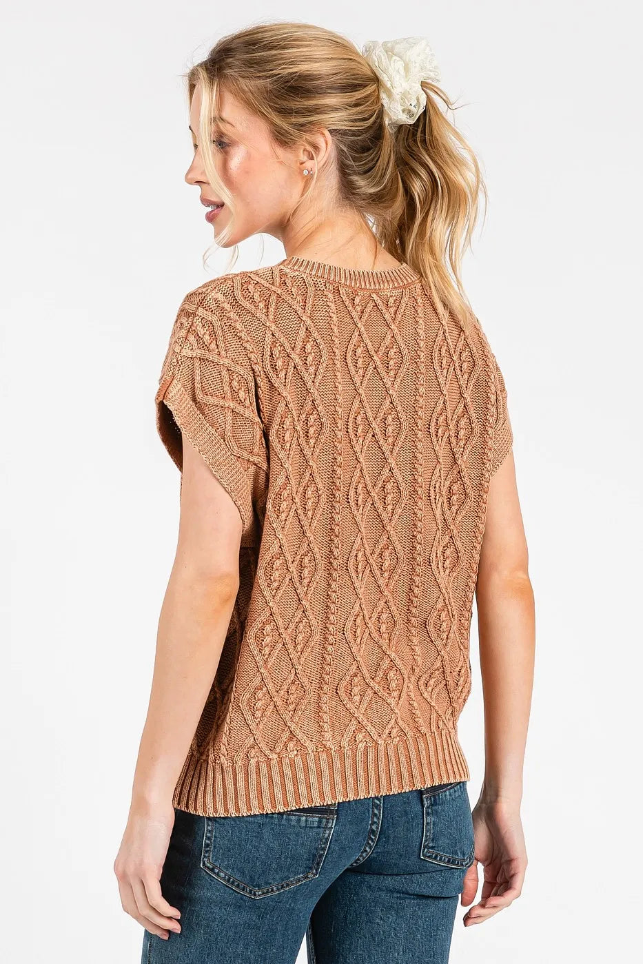 Mineral Wash Cap Sleeve Cable Knit Sweater Top