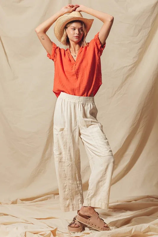 Cotton Linen Textured Woven Slouchy Wide Leg Pants