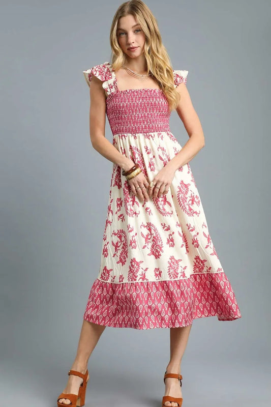 Floral Smocked Midi Dress with Ruffle Accents