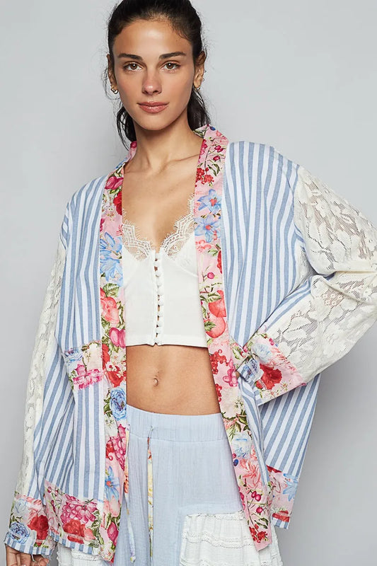 Floral Patchwork Lace Sleeve Striped Cardigan