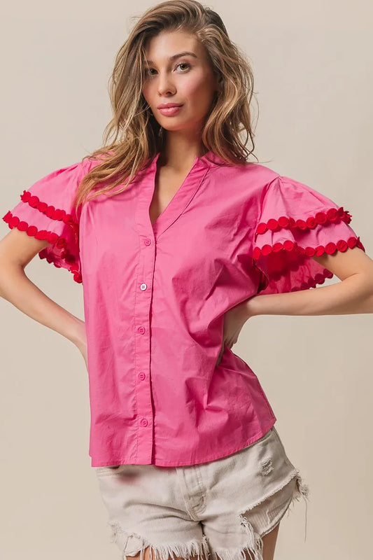 Ruffle Sleeve Button-Up Notched Blouse