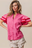 Ruffle Sleeve Button-Up Notched Blouse