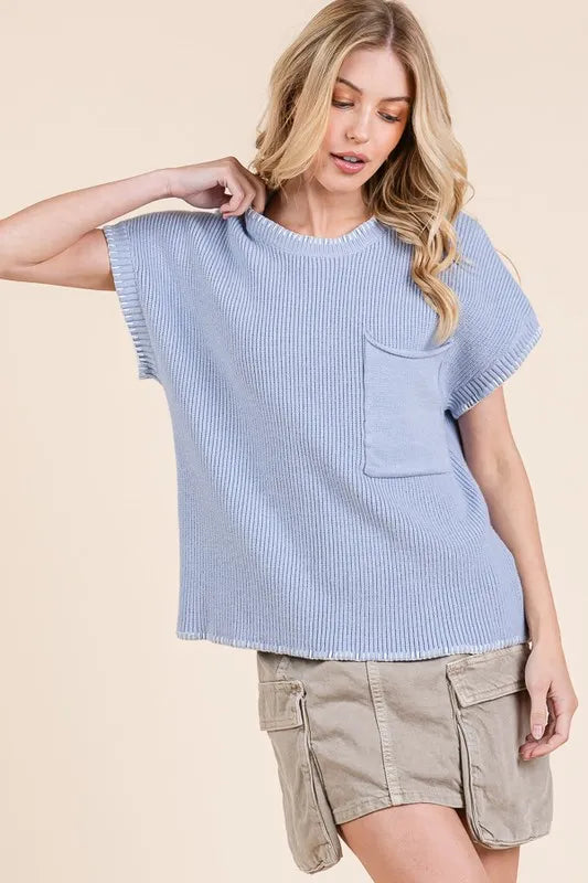 Solid Cap Sleeve Stitch Edge Knit Sweater