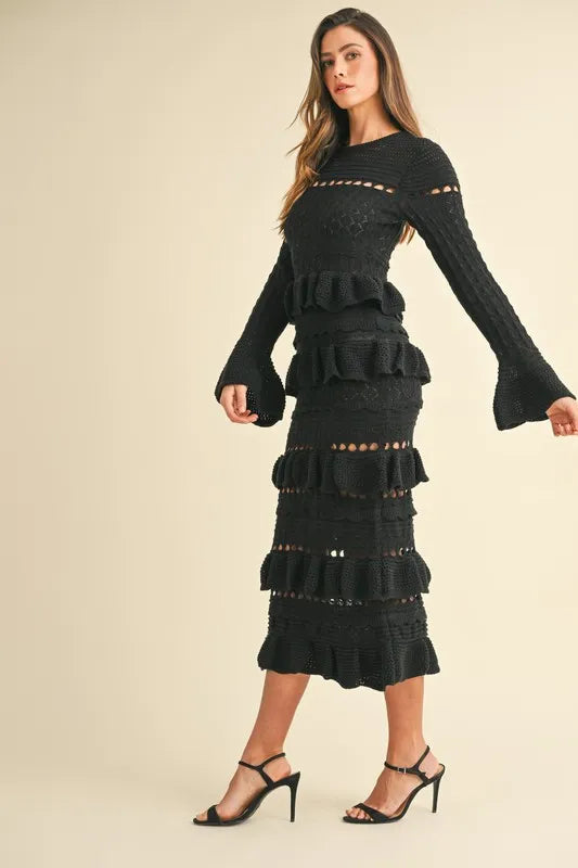 Long Sleeve Tiered Ruffle Knit Midi Dress