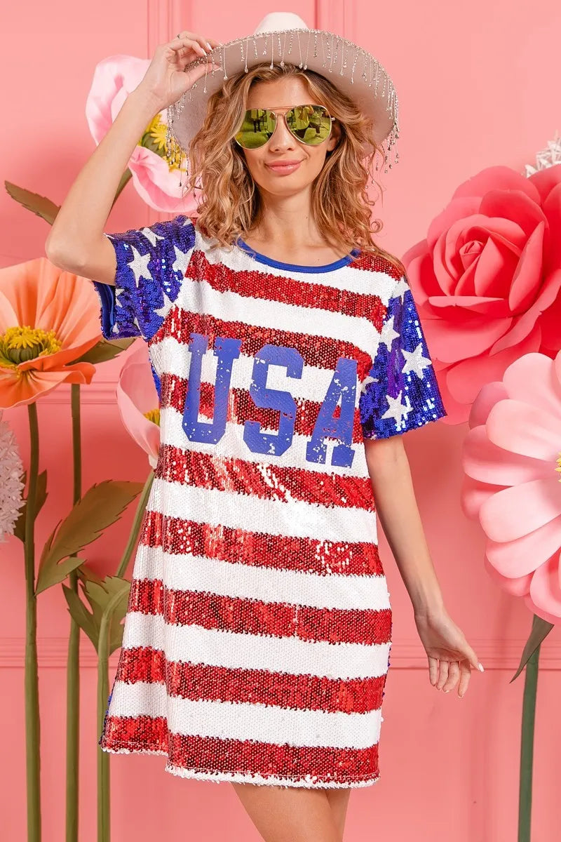 American Flag Theme Usa Print Sequin Dress