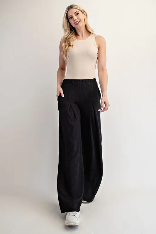 Full Size Ribbed Wide-Leg Pants with Pockets Plus Size