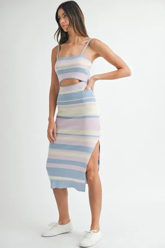 Multi Color Striped Front Cutout Knit Midi Dress