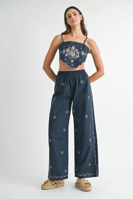 Linen Embroidered Scarf Top and Pants Set