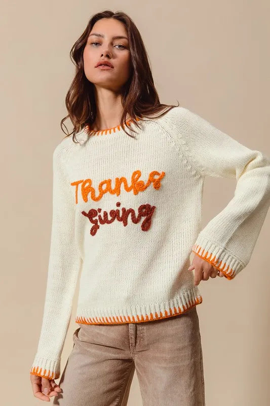 Thanksgiving Tinsel Lettering Sweater Top