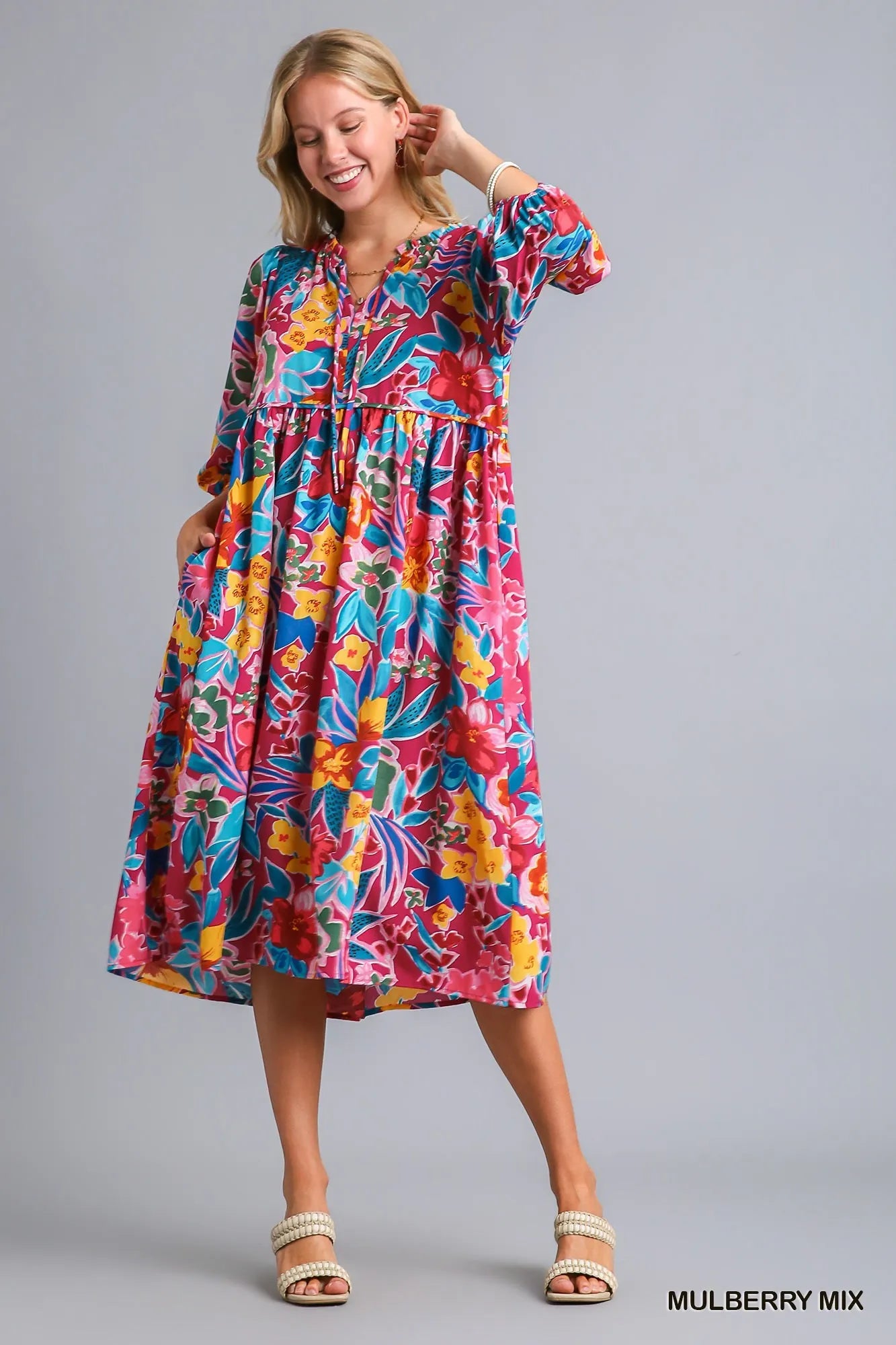 Full Size Floral Midi Dress with Tie Neck and Pockets