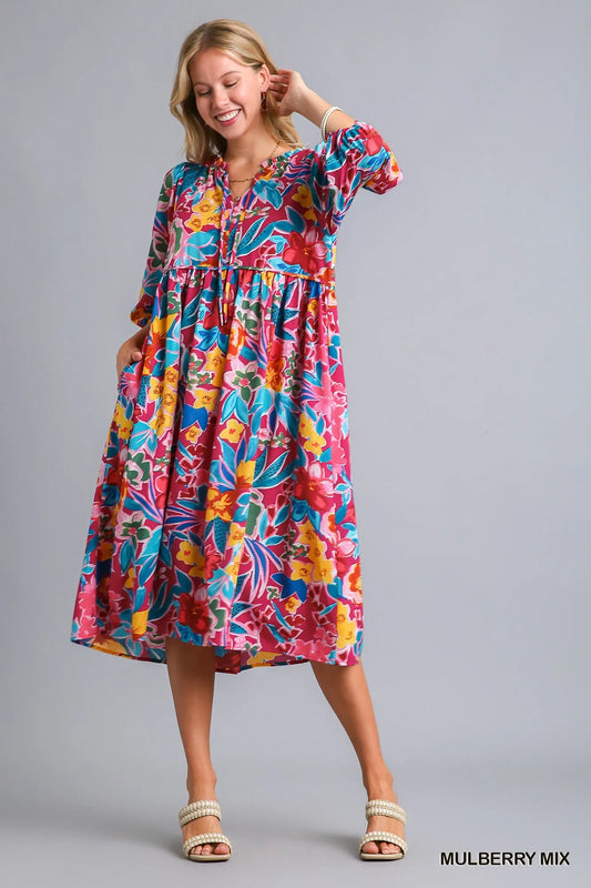 Full Size Floral Midi Dress with Tie Neck and Pockets