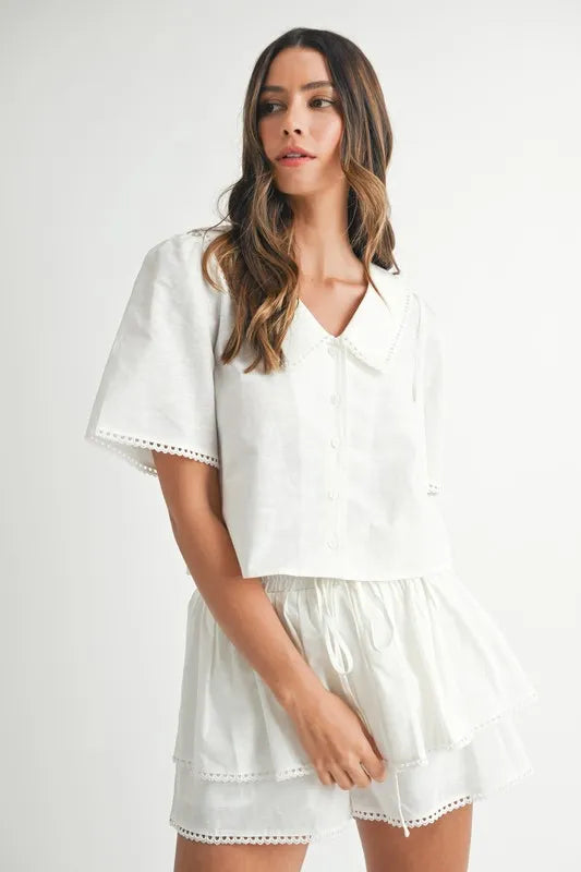 Collared Button Down Crop Top and Skort Set