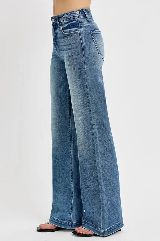 High Rise Adjustable Waist Wide Leg Tummy Control Jeans