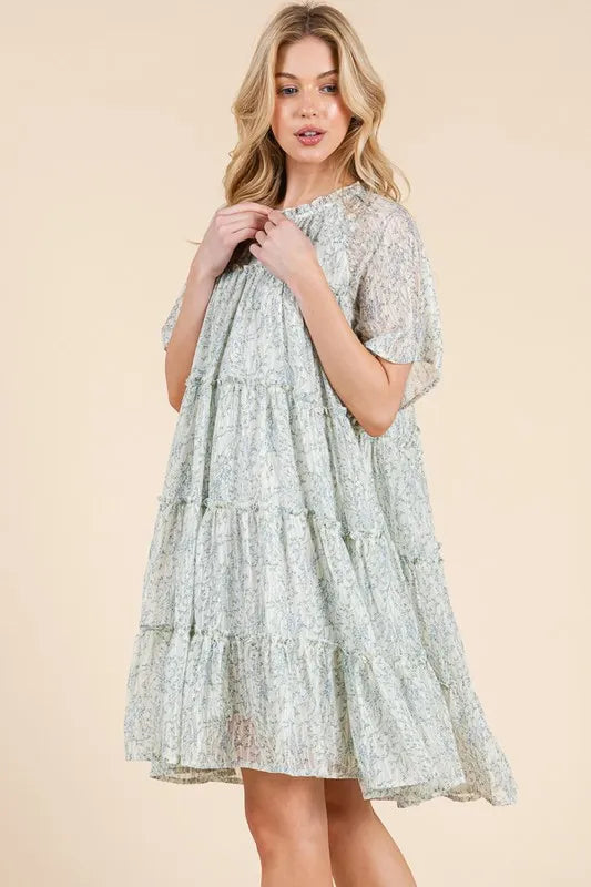 Ditsy Floral Print Sheer Ruffle Detail Mini Dress