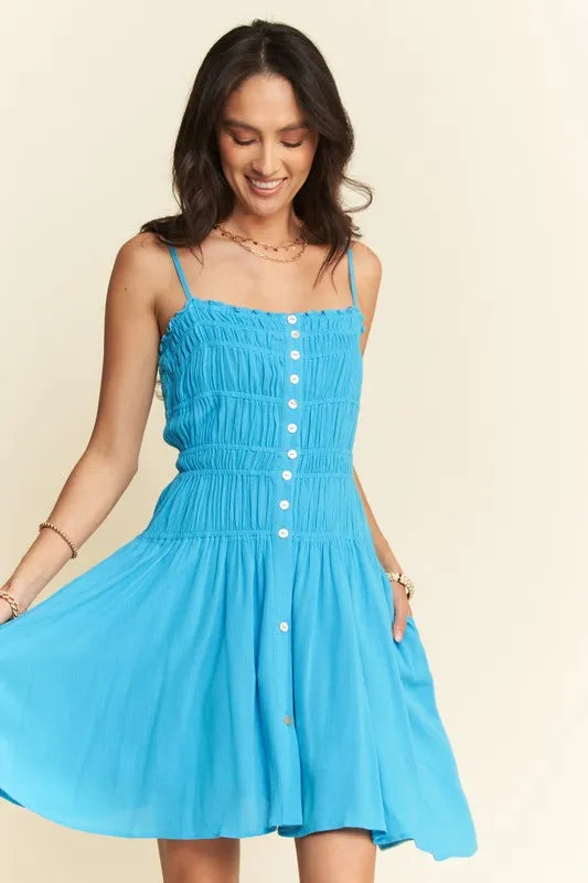 Smocking Bodice Sleeveless Button Down Mini Dress