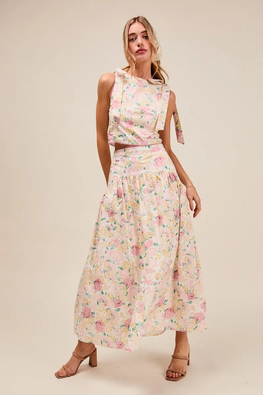 Floral Patterned Crop Top and Maxi Skirt Ensemble