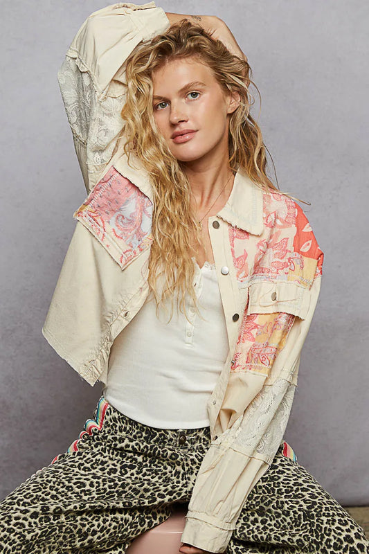 Textured Fabric Blend Jacket with Elegant Lace Trim