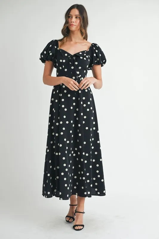 Polka Dot Puff Sleeve Midi Dress