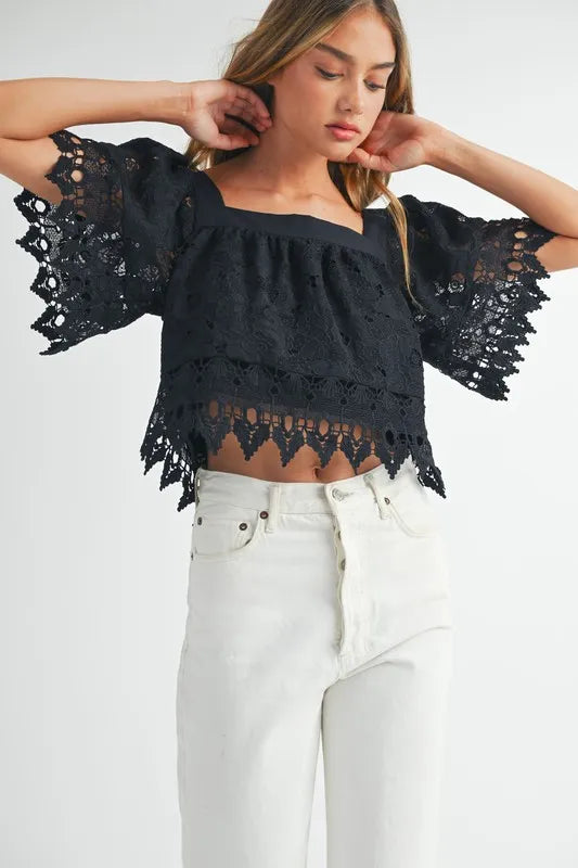 Square Neck Crochet Lace Top With Double Bow Tie