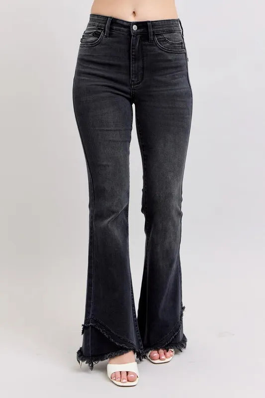 Full Size High Waist Flare W/ Mock Fray Tulip Hem Plus Size