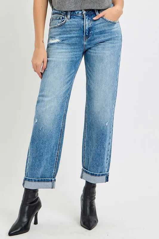 High Rise Ankle Boyfriend Distressed Jeans