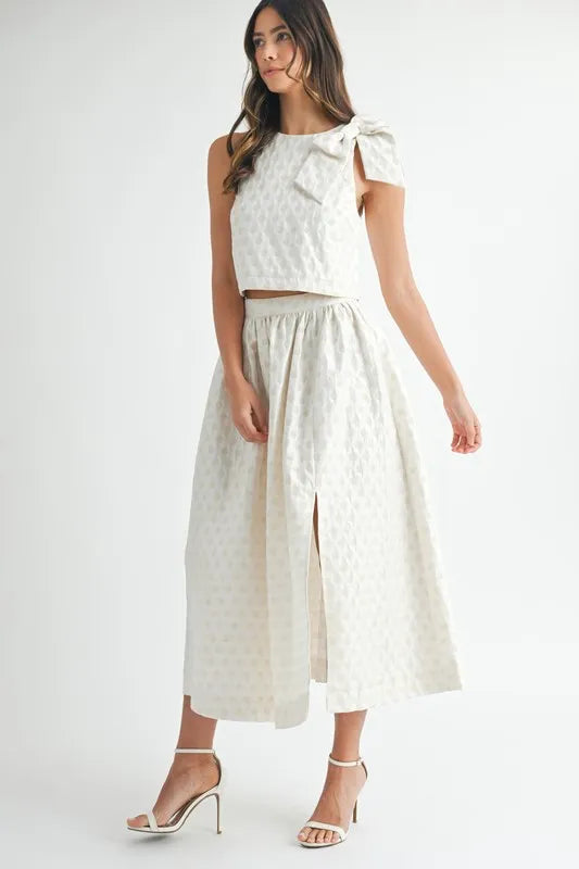 Taffeta Polka Dot Shoulder Ribbon Top and Skirt Set