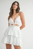 Lace Eyelet Ruffle Mini Dress With Front Cutout
