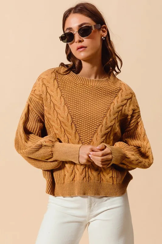 Mineral Washed Loose Fit Textured Cable Sweater
