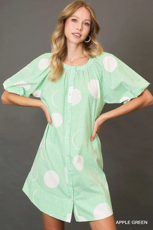 Playful Print Button-Down Puff Sleeve Mini Dress