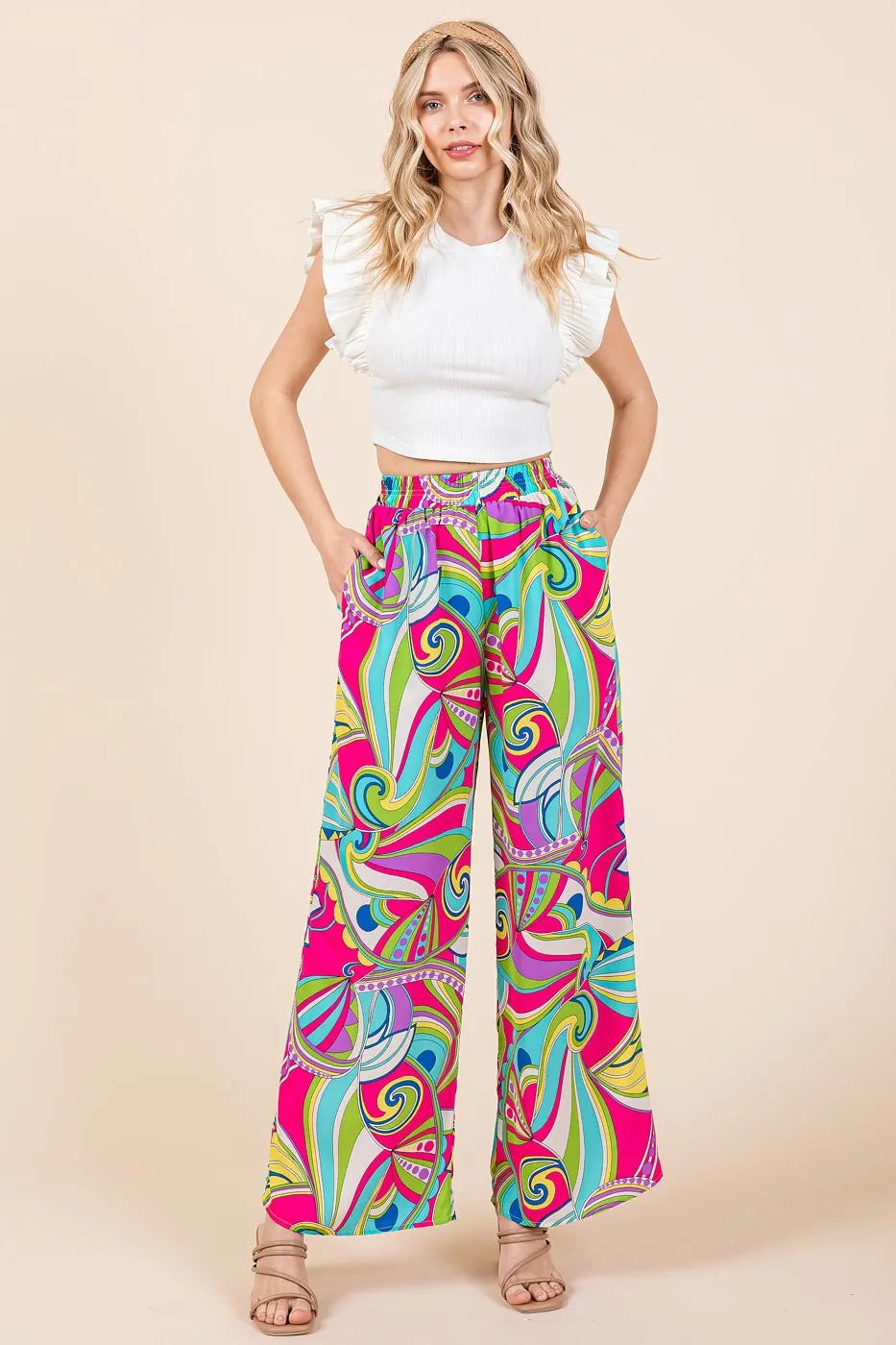 Abstract Print Elastic Waist Wide Leg Pants