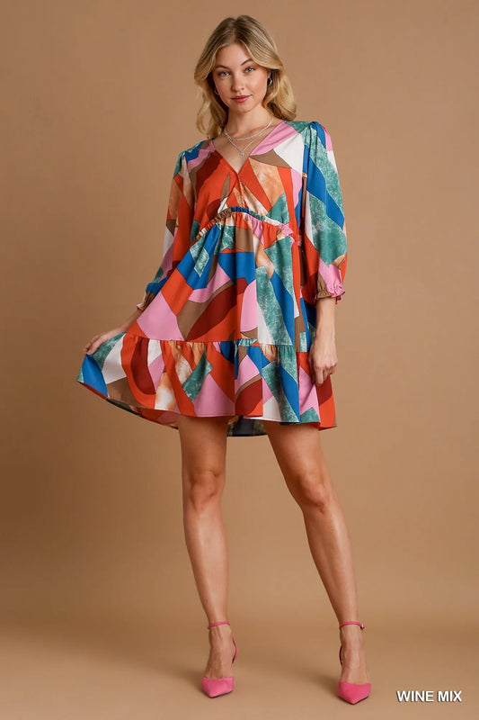 Geometric V-Neck Tiered Ruffle Dress