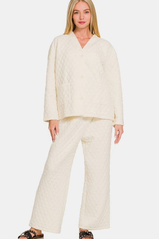 Quilted Button Up Long Sleeve Top and Pants Lounge Set