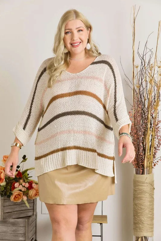 Full Size Multi Color Strip Sweater Plus Size