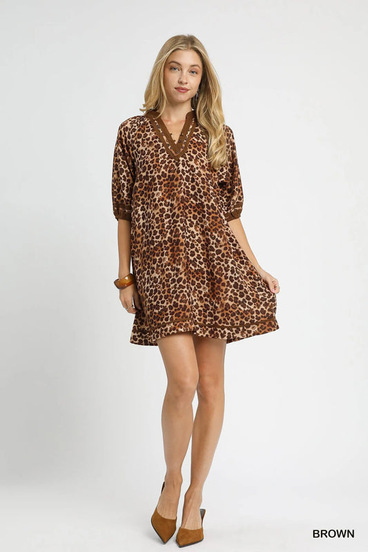Full Size Wild Print Contrast Trim Mini Dress
