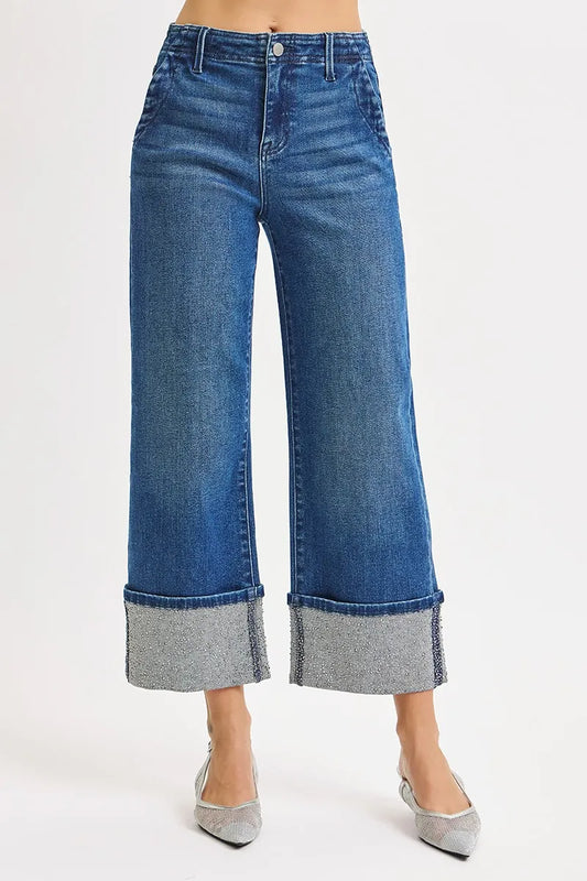 High-Rise Ankle Rhinestone-Trimmed Wide Jeans