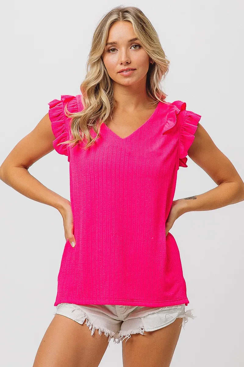 Ruffled Shoulder Sleeveless V-Neck Ribbed Blouse