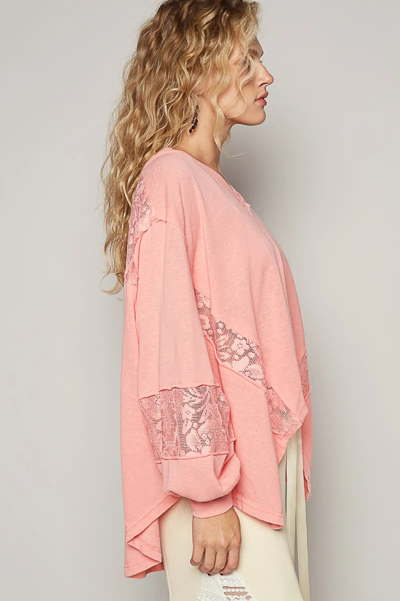 Oversized V-Neck Top with Elegant Lace Sleeves