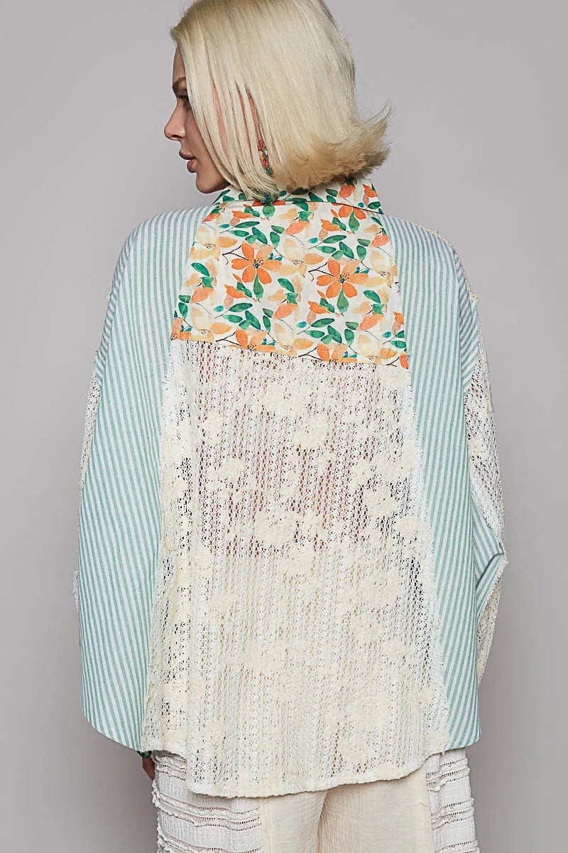 Floral-Striped Oversized Blouse with Lace Sleeves
