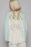 Floral-Striped Oversized Blouse with Lace Sleeves