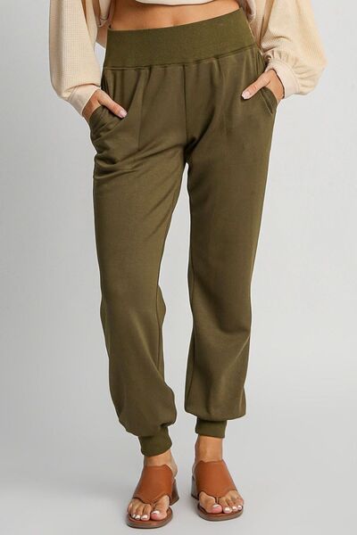 Full Size High Rise Elastic Waist Knit Joggers with Pockets Plus Size