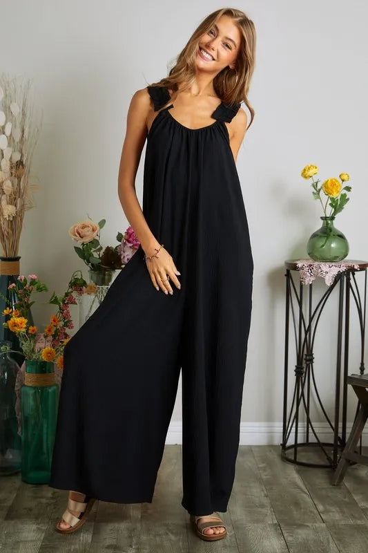 Full Size Elastic Ruffle Shoulder Jumpsuit Plus Size