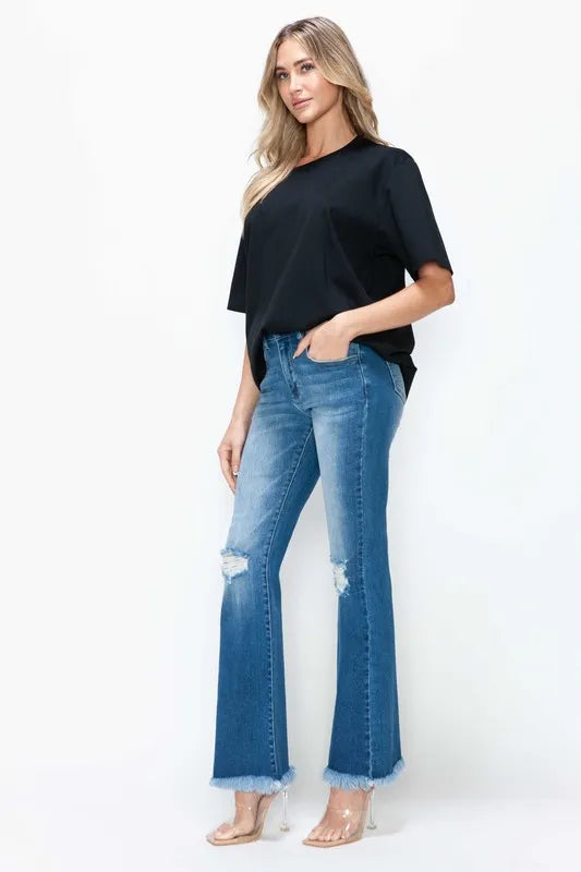 High-Rise Bootcut Jeans with Raw Edge Distressing