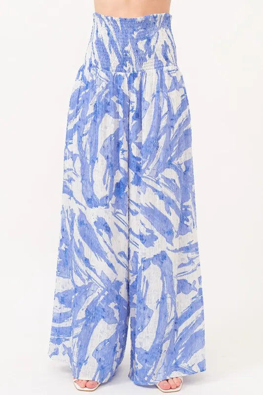 Smocked Tied Waist Abstract Print Wide Leg Pants