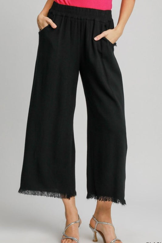 Full Size Linen Blend Elastic Waistband Wide Leg Pants Plus Size