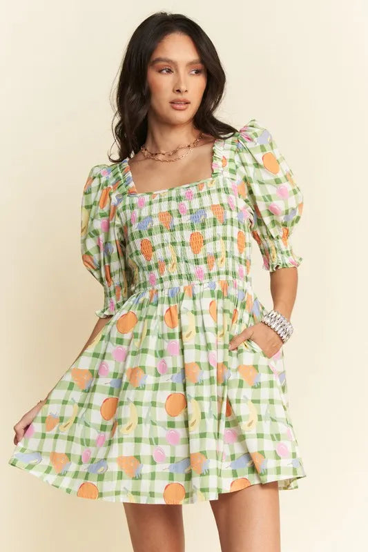 Fruits Printed Smocking Mini Dress