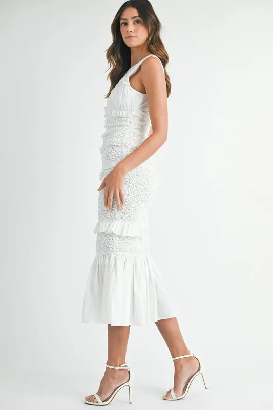 Ruffled Popcorn Smocked Mermaid Midi Dress