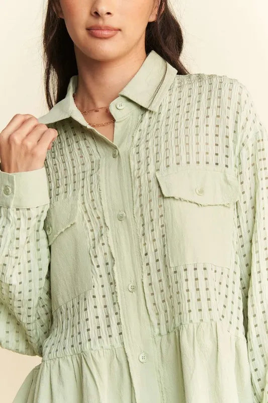 Garment Washed Jacquard Button Front Shirt