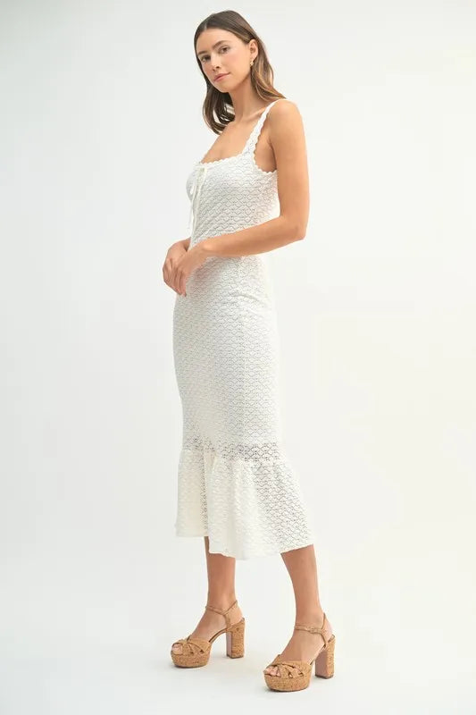 Ruffled Hem Sleeveless Crochet Knit Midi Dress